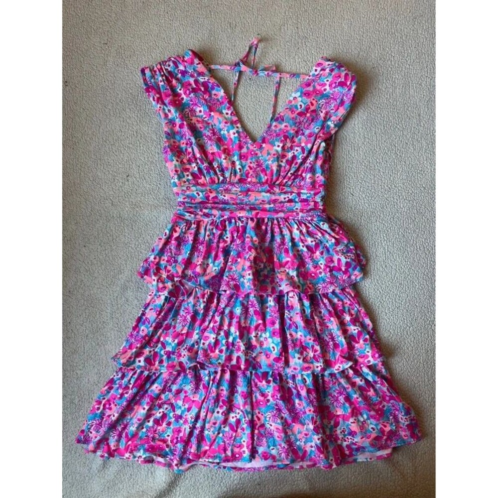 Lilly Pulitzer Faye V Neck Ruffle Dress Aura Pink Baby Bloomer Womens XS